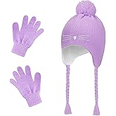 Girls Winter Hat Gloves Set, Kids Cat Embroidered Knit Beanie with Earflaps Fleece Lined Pom Ski Cap Christmas Gifts for 4-8Y