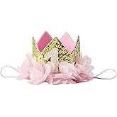 Nishine Gold Glitter Crown Headband Pink Flower Crown Tiara Hairband for Baby Birthday Party Supplies Photo Props (Chiffon& 1)