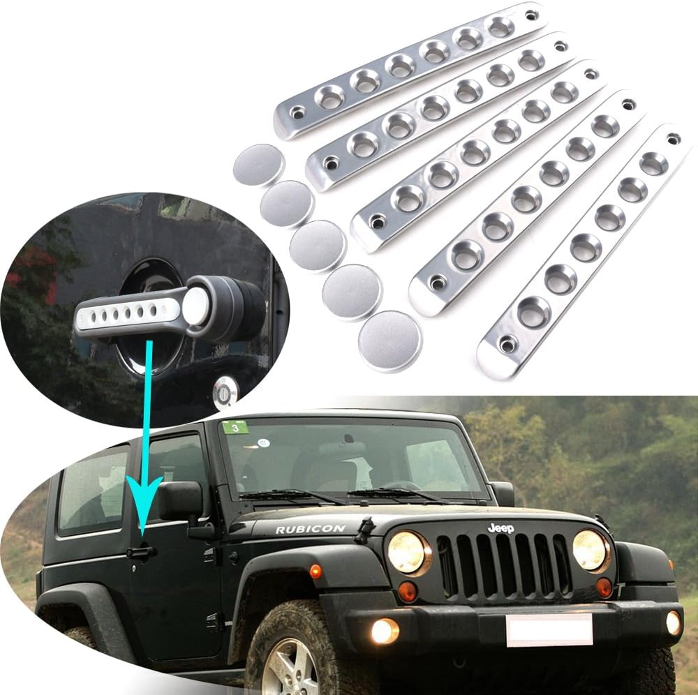 HOZAN 5pcs Silver Grab Handle Inserts Tailgate Bar Trim with Push Button Cover Compatible with Wrangler Unlimited JKU 4 Door 2007-2017