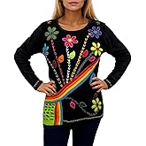 Agan Traders 2025 Winter Women's Boho Tops - Rib Knit Thick Cotton Patched Embroidered Long Sleeve Sweatshirt Top Blouses