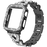 Rhinestones Encrusted Metal Bracelet and Case, Compatible with Apple Watch Bands 38mm-49mm (Series 10/1/SE/Ultra 2)- Bling Gold Women's Jewelry Strap, Luxury iWatch Bracelet with Screen Protector