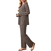 Sweetyweee Women's 2 Pieces Ribbed Knit Lounge Sets, V Neck Long Sleeve Side Slit Tops Wide Leg Loose Pants Pajama Fall Sets