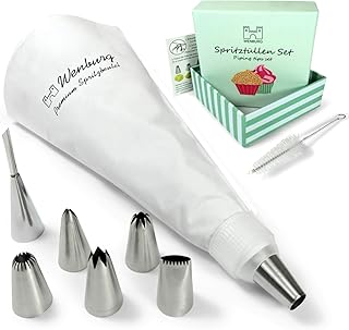 Wenburg Spritzbeutel Set Premium I 7 Große Spritztüllen - Baumwolle Spritztüte 35 cm - Adapter I Professionelle Edelstahl Aufsätze für Kuchen, Torten, Keksen-Dekoration. Geschenk-Edition