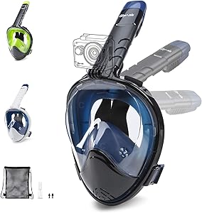 Glymnis Full Face Snorkel Mask, Snorkeling Mask with 180 Degree Panoramic Anti-Fog, Detachable Camera Mount and Safety Breathing System Anti-Leak