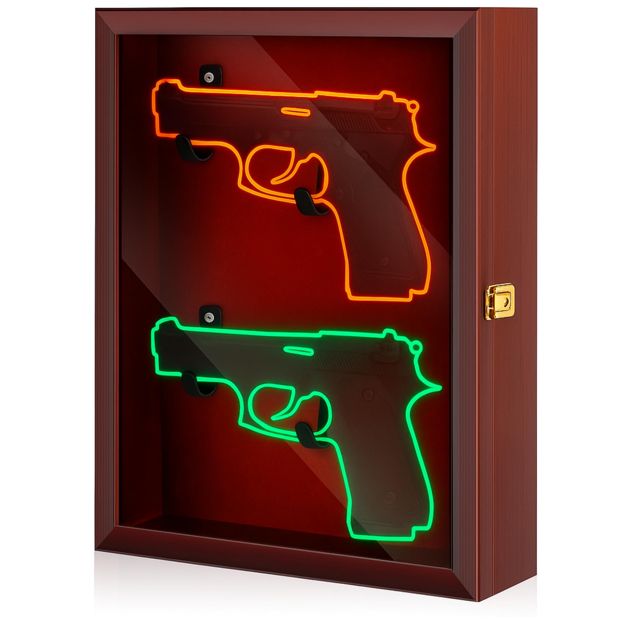 Photo 1 of * DAMAGE TO PLASTIC DIVIDER, EASY TO REPLACE * Silipull Gun Display Case with Lock Wall Mount Wooden Pistol Display Case W/ 98% UV Protection Acrylic Clear Door Gun Shadow Box Stand Rack Holder for Collection (Reddish Brown,2gun Displaycase)