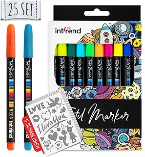 int!rend Textilmarker 25er Set I 20 Bunte, waschmaschinenfeste Stoffmalstifte + 5 Schablonen I zum Bemalen von Schuhen, T-Shirts, Taschen und Anderen Textilien I inklusive 4 Neon UV Fabric Pens