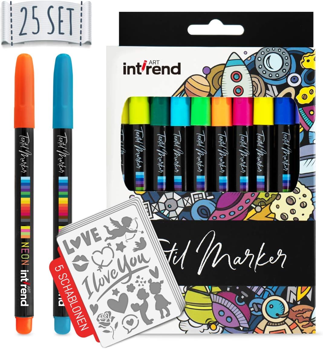 int!rend Textilmarker 25er Set I 20 Bunte, waschmaschinenfeste Stoffmalstifte + 5 Schablonen I zum Bemalen von Schuhen, T-Shirts, Taschen und Anderen Textilien I inklusive 4 Neon UV Fabric Pens