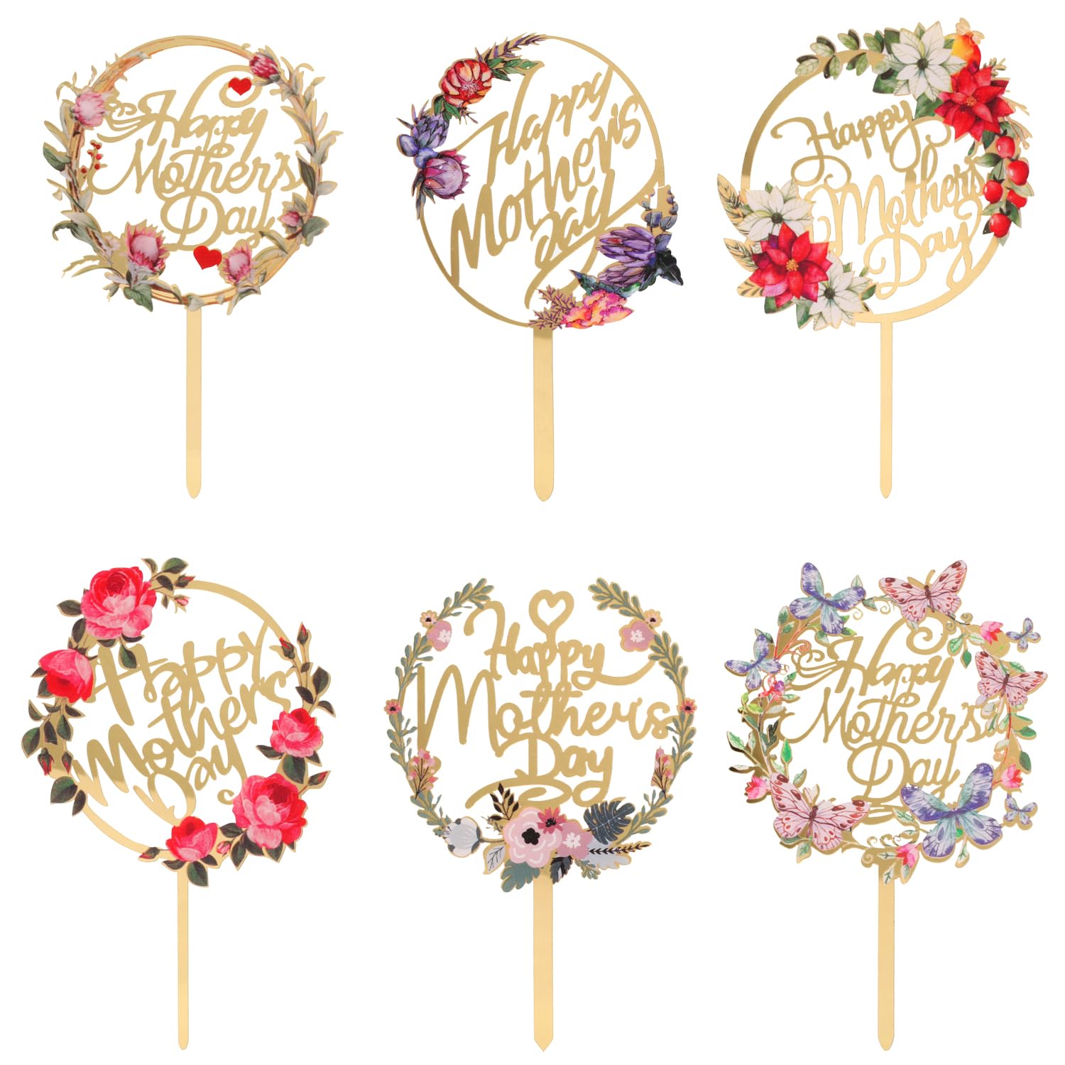 Photo 1 of 6 pcs Happy Mother's Day Cake Topper Cake topper Acrylic Mirror Cake topper Decorative Party Cake Decoration for Mother's Day (Gold Pink Flower)