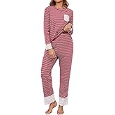 Namatime Womens Cotton Pajama Sets Stripe Long Sleeve 2 Piece Lounge Set Soft Pj Set Winter Loungewear Sleepwear with Pockets
