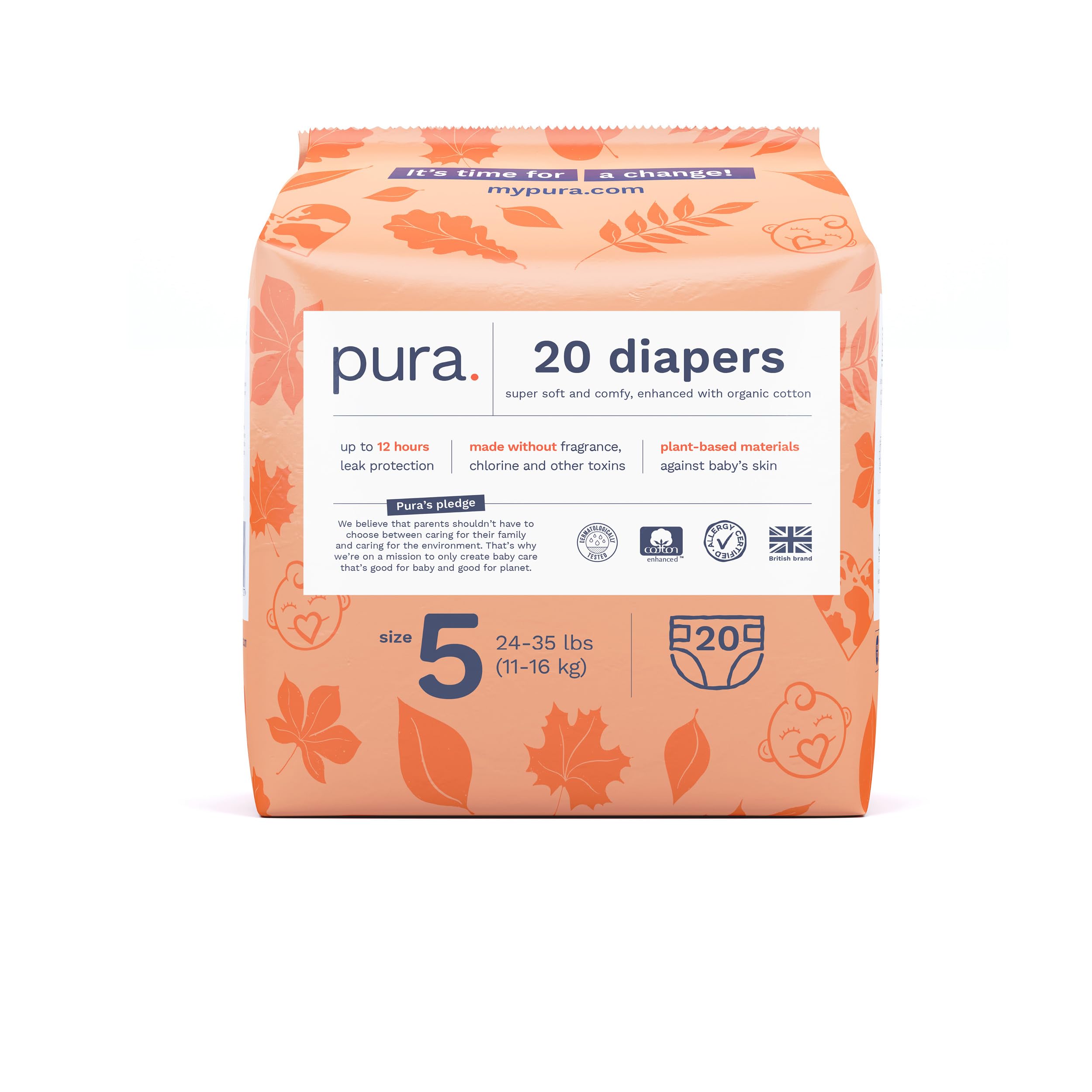 Photo 1 of Pura Size 5 Eco-Friendly Diapers (24-35lbs) Totally Chlorine Free (TCF) Hypoallergenic, Soft Organic Cotton, Sustainable Comfort, 12 Hours Leak Protection, Allergy UK,1 Pack of 20 Diapers