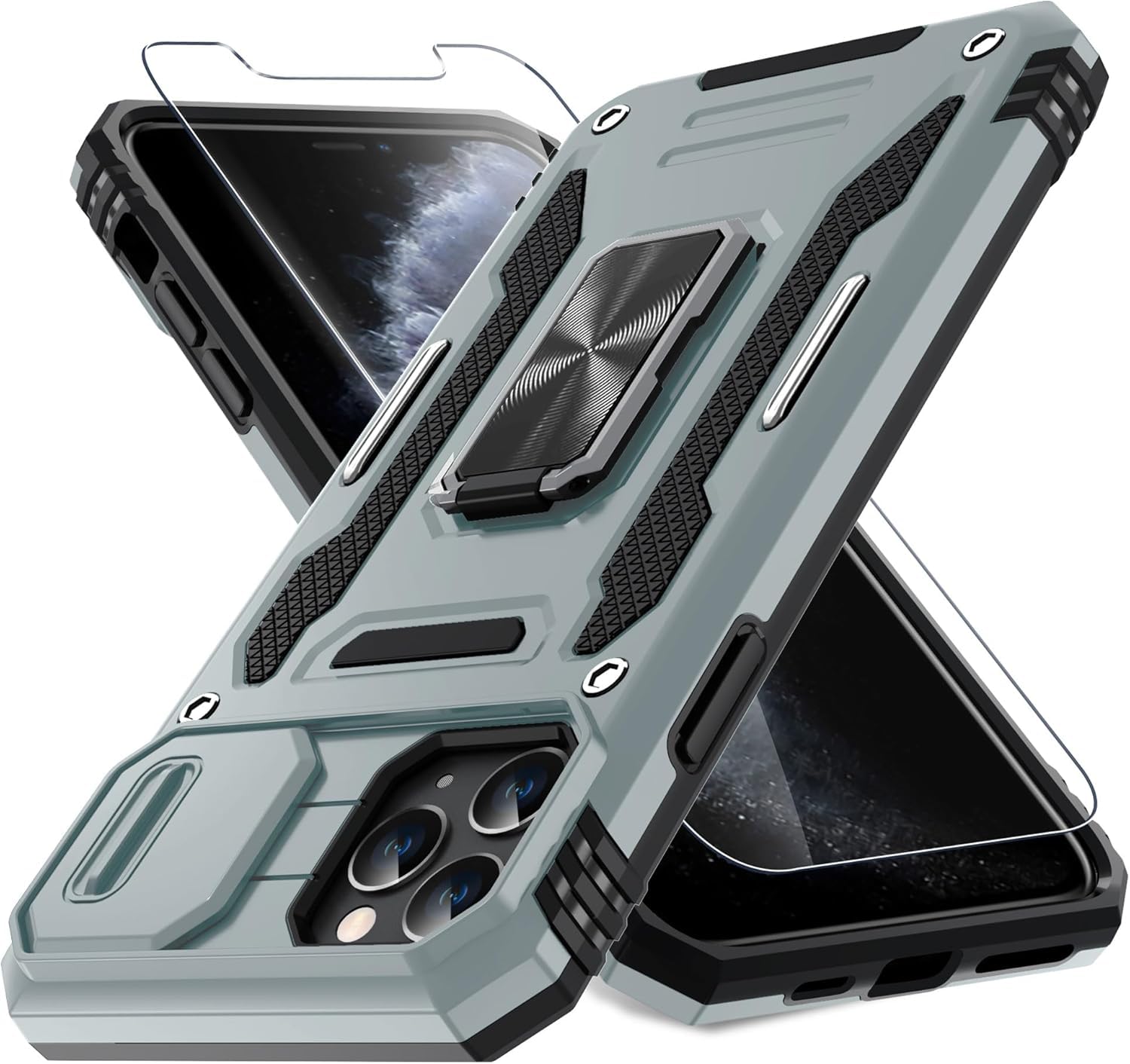 DEERLAMN Case for iPhone 11 Pro with Slide Camera Cover+Screen Protector (1 Pack), Rotated Ring Kickstand Military Grade Shockproof Protective Cover-Grey