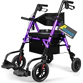 Akoasm Foldable Walkers for Seniors with Seat, Rollator Wheelchair Combo | 300lb Capacity, Adjustable Height, Easy Assembly, 2 in 1 Rolling with Brake, 25lb Lightweight, 10" Big Front Wheel, Purple