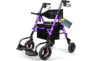 AKOASM Foldable Rollator Walker for Seniors with Seat, Lightweight 2 in 1 Rolling Walkers Wheelchair Combo for Adult, Transport Chair with Brakes, Adjustable Seat and Handle, 300 Lb. Weight Capacity, Purple