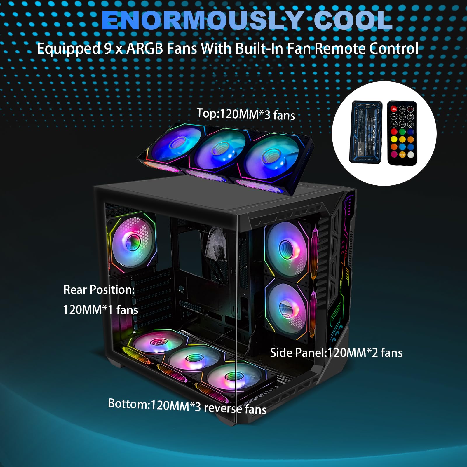 PC Gaming Case with 9pcs ARGB Fans,ATX Mid-Tower Control Remote,Gaming ATX Case 360mm Radiator Support,PC Case Tempered Glass Front/Side Panel,Mid Tower Computer Case High-Airflow Black