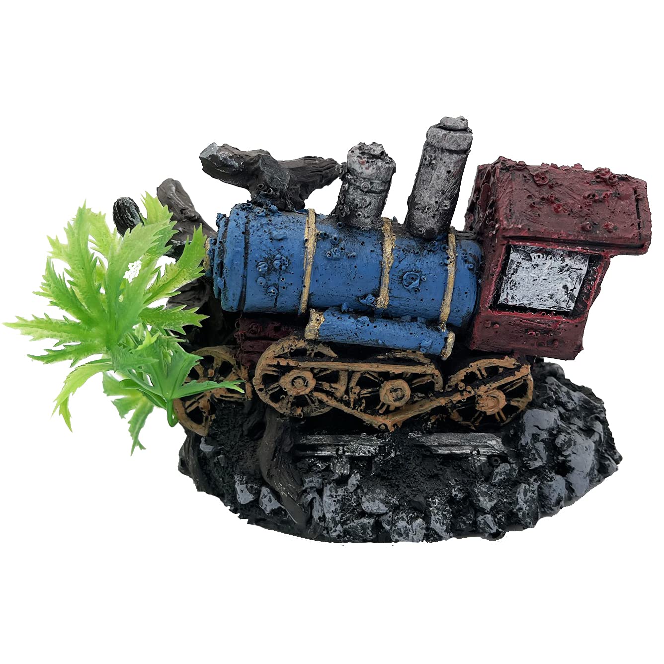 Blue & Red Run Away Steam Train Artificial Polyresin Aquarium Ornament Aquatic Model Decoration Fish Tank Marine Decor Ornaments