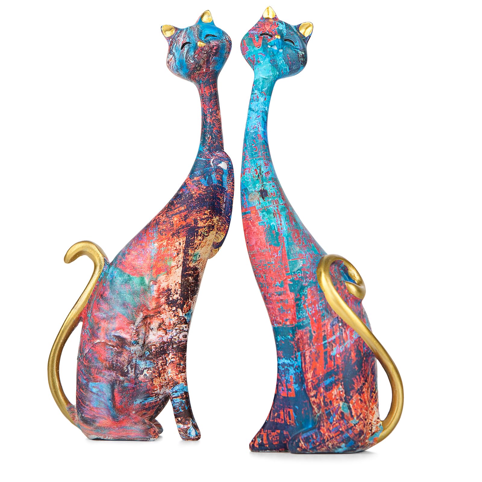 Masteymoh Oil Painting Cat Statues Home Decor Set of 2, 9.6-Inch Resin Cat Couple Sculptures for Bookshelf & Desktop (Graffiti Y142)