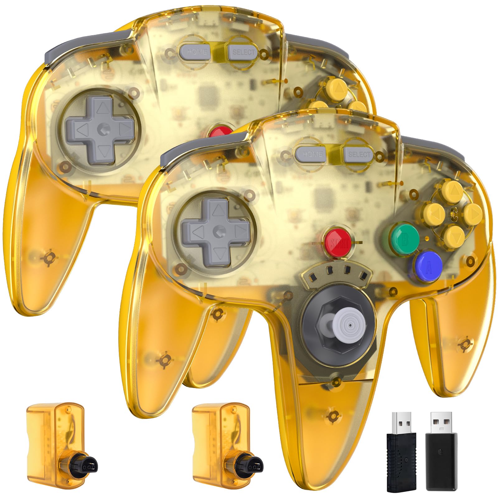 2 Pack Wireless N64 Controller for Switch Games, 2.4GHZ Rechargeable Wireless N64 Remote Joystick PC Game Controller Compatible with Raspberry Pi, N64 System, MAC, Windows 7,8,10,11 Clear Yellow