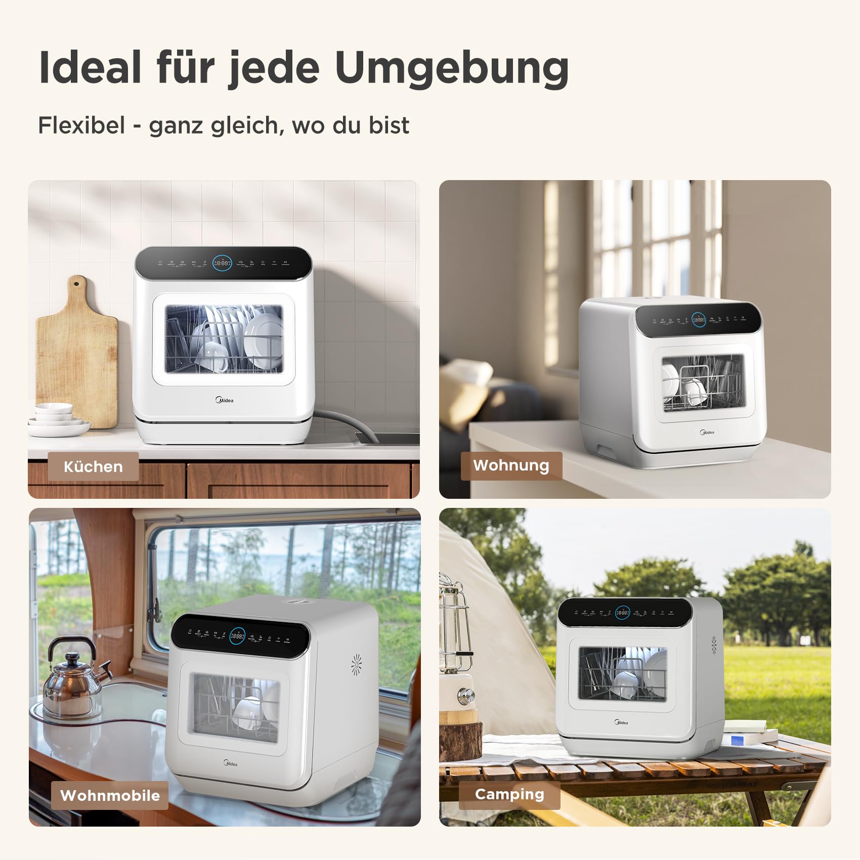 Midea Tischgeschirrspüler für 3 Gedecke, mit und ohne Wasseranschluss Verwendbar, IOT-Steuerung, 6+1 Programme, Touch Control, Mini Geschirrspüler für Wohnungen, Schlafsäle und Wohnmobile 6