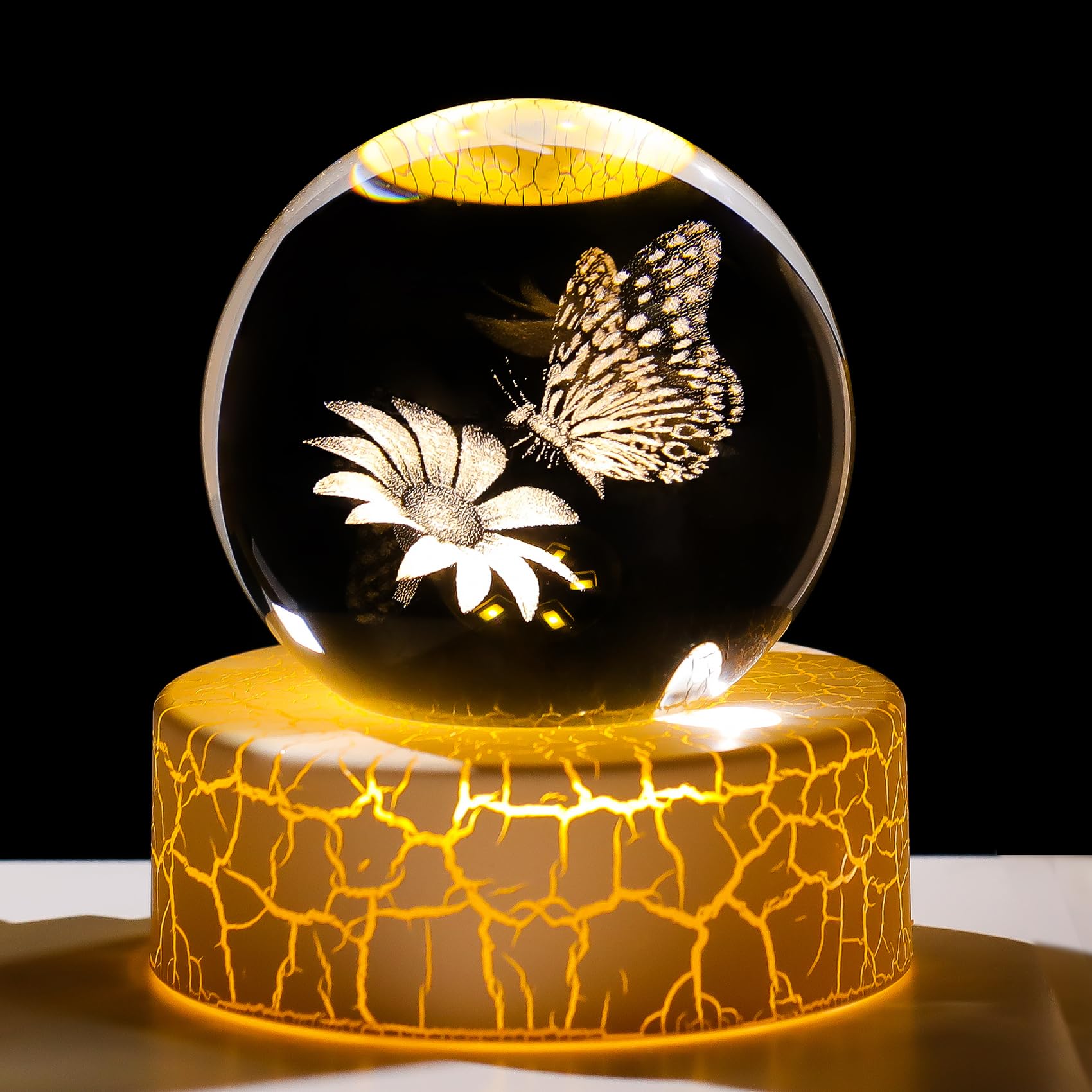 2.36in. 3D Butterfly with Flower Crystal Ball Gifts for Women, K9 Crystal Decorative Ball Engraved Butterfly Figurine Paperweight with LED Light Base for Home Office Ornament
