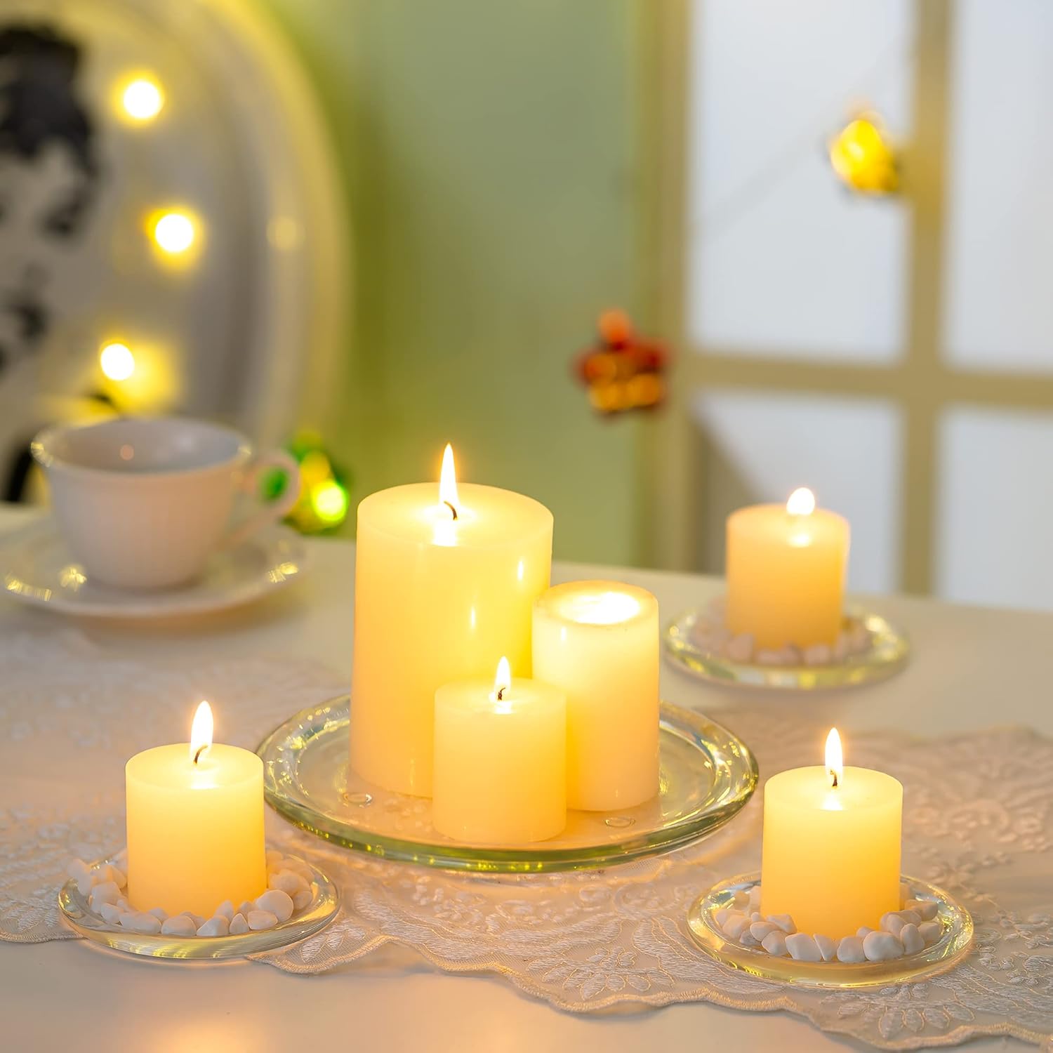 Pillar Candle Holder Plates - 4 Pcs Basic Round Clear Glass Votive Candle Holders for Wedding, Spa, Home, Party Decoration, Clear, 4 inches in Diameter: Kitchen & Dining