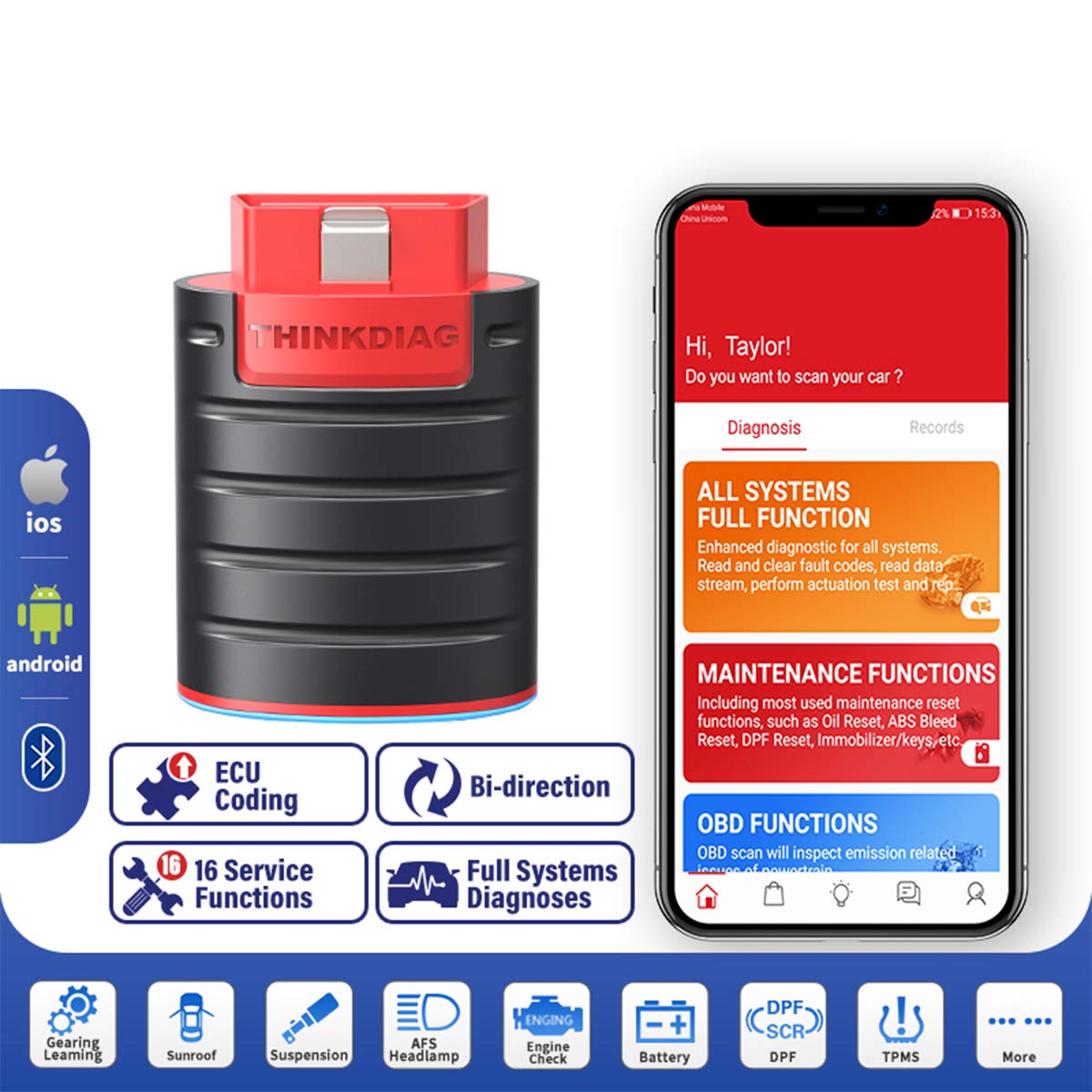 ThinkDiag Bluetooth Diagnostic Scanner All System for ECU Coding Active Test and 16 Reset Service Functions Remote Check based on App for Android and iOS [ NEW 2020 ]