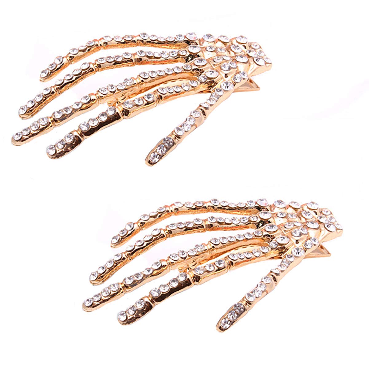 2PCS Fashion Rhinestone Crystal Skeleton Claws Skull Hand Bone Hair Clips Women Metal Punk Zombie Horror Hair Barrette Hairpin Hair Accessories for Cosplay (White)