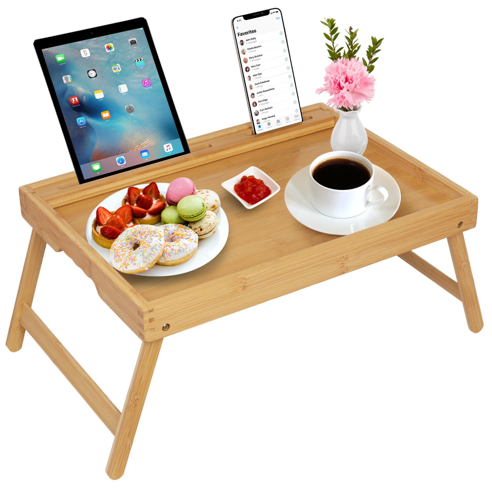 Bamboo Bed Tray Table with Handles, Folding Legs, Breakfast Tray, Phone & Tablet Holder, Foldable Laptop Desk, Kitchen Serving Platters