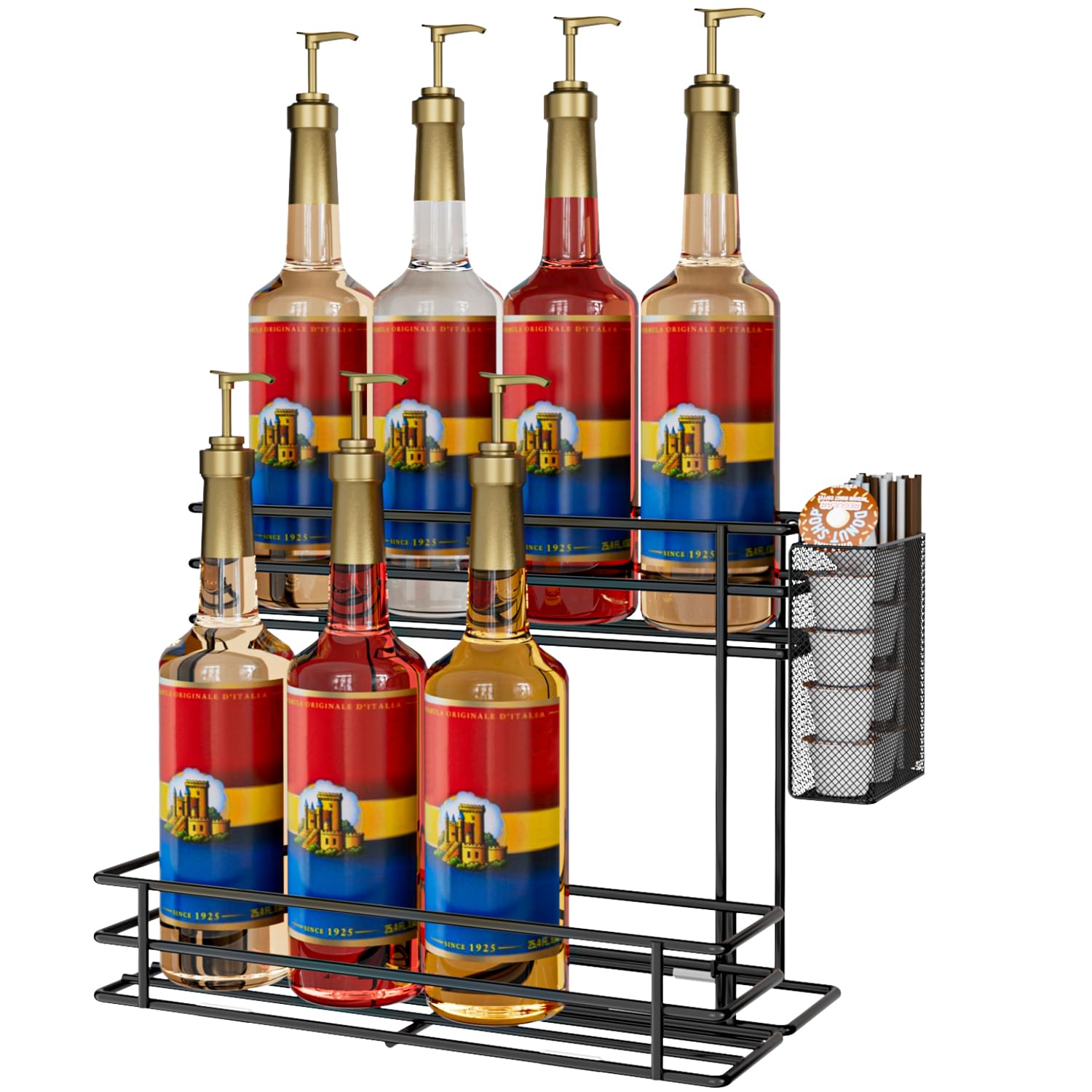 OVICAR Coffee Syrup Organizer Rack - 8 Bottle Holder Stand for Coffee Bar & Station Accessories, 2 Tiers Countertop Storage for Syrup & Wine Dressing, Black