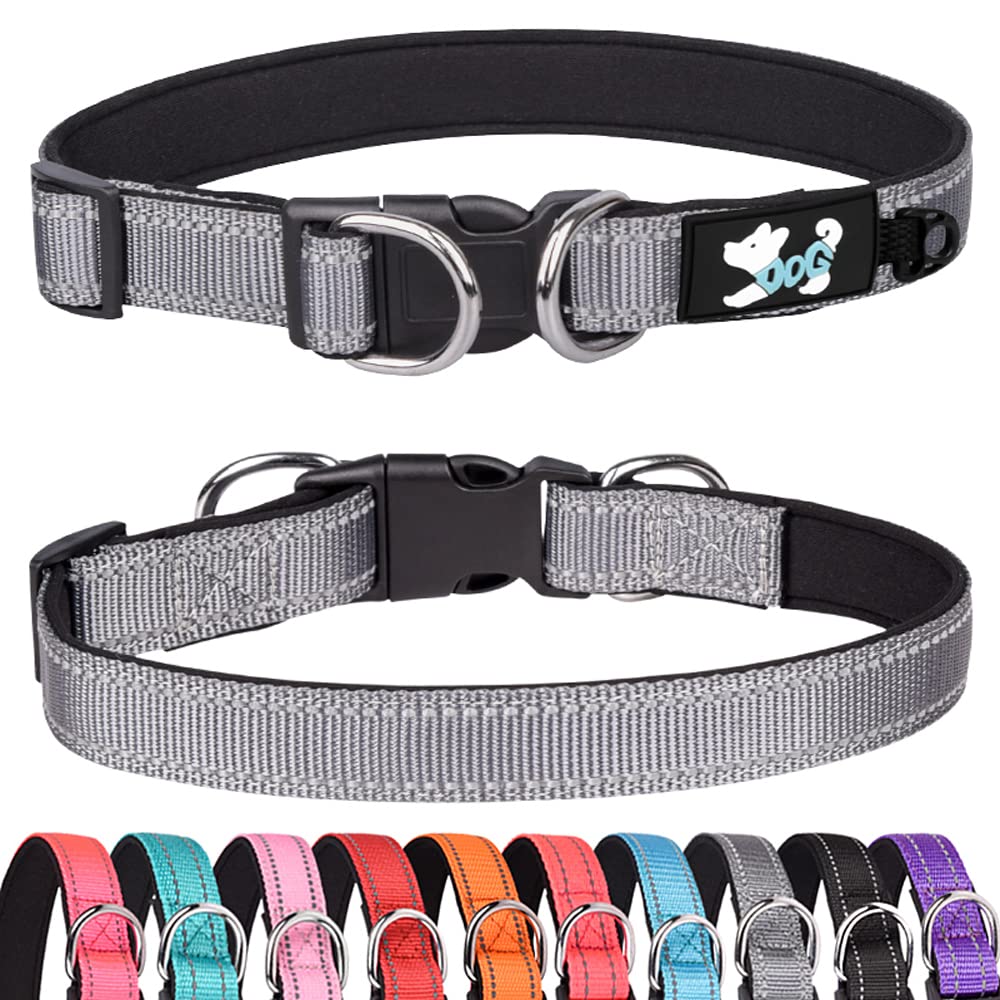 Haoyueer Padded Dog Collar Reflective Dog Collars for Small Medium Large Dogs Comfortable Soft Neoprene Adjustable Basic Dog Collars (M, Grey)