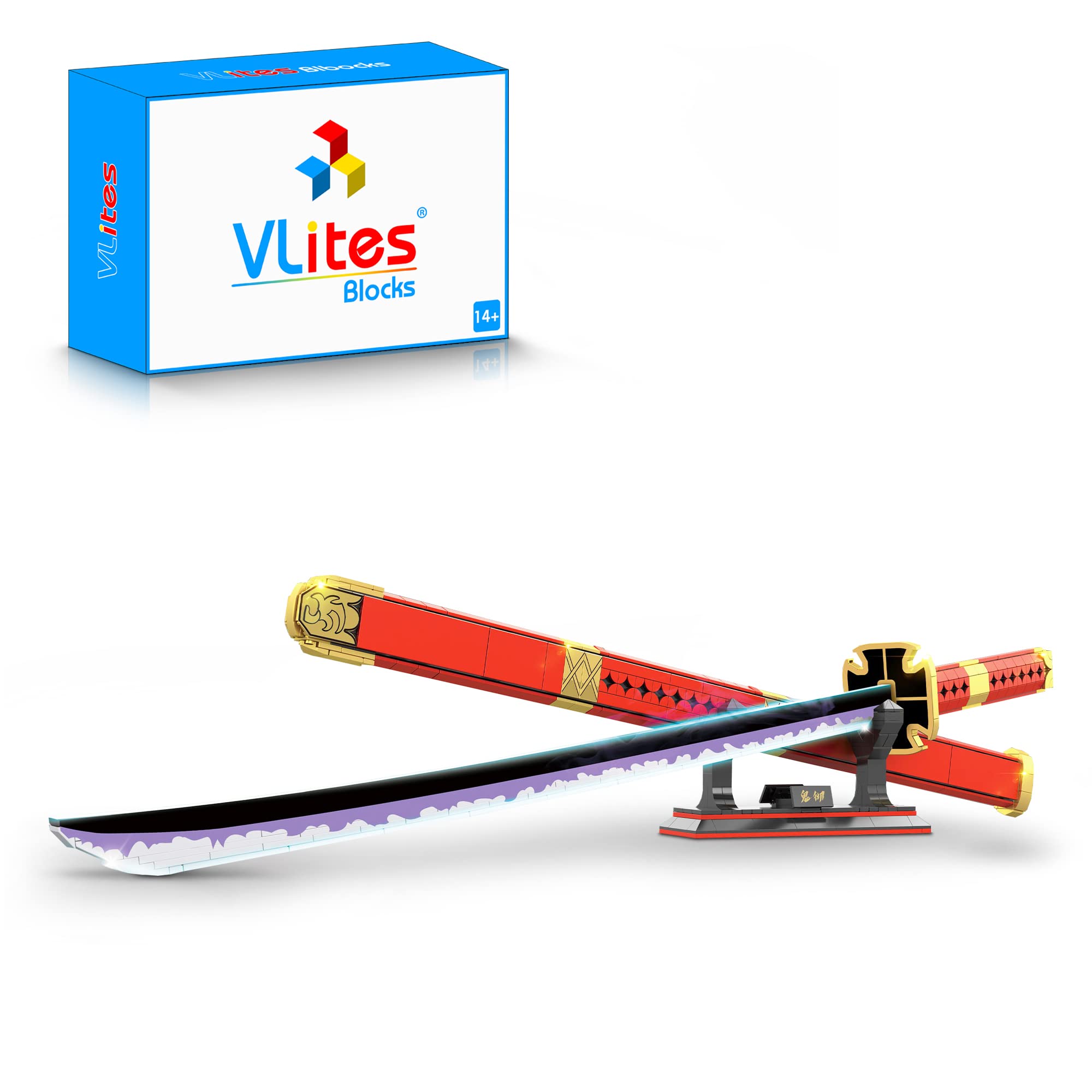 VLites Anime Sword Building Block Models, MOC Cosplay Samurai Katana Kitetsu Sword Building Blocks Kit, with Scabbard and Bracket (1508)