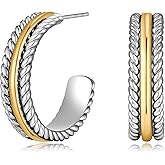 SHANTYSON Two Tone Hoop Earrings for Women Silver and Gold Plated Twisted Cable Open C Hoops Chic Hypoallergenic Earring Mixed Metal Jewelry