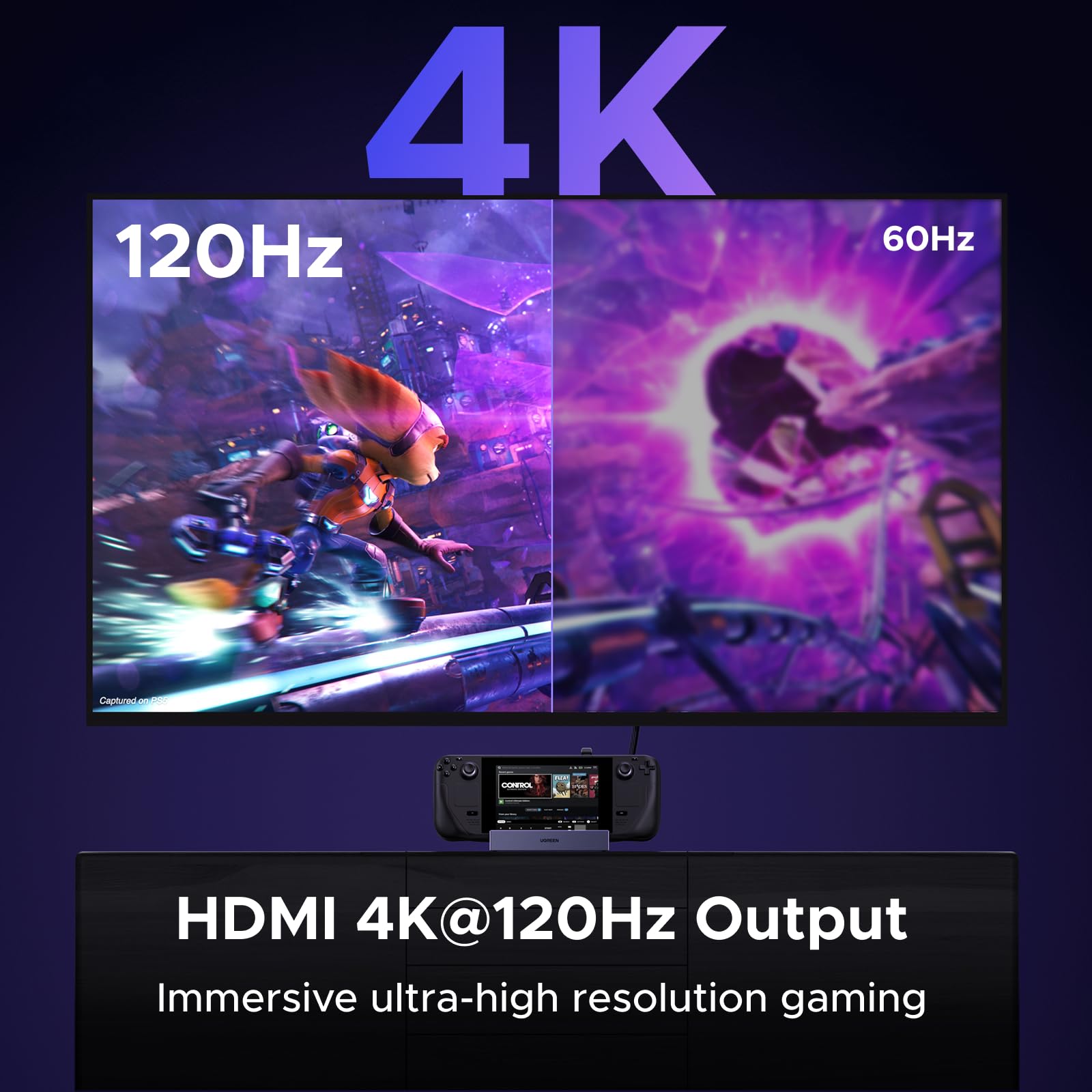 UGREEN Steam Deck Dock mit HDMI 4K@120Hz, Verstellbares Docking Station mit 5Gbps USB A & USB C 3.0, 100W PD-Ladung, 1Gbps Ethernet, Kompatibel mit Steam Deck, OLED, ROG Xbox Ally, Legion go, MSI Claw 3