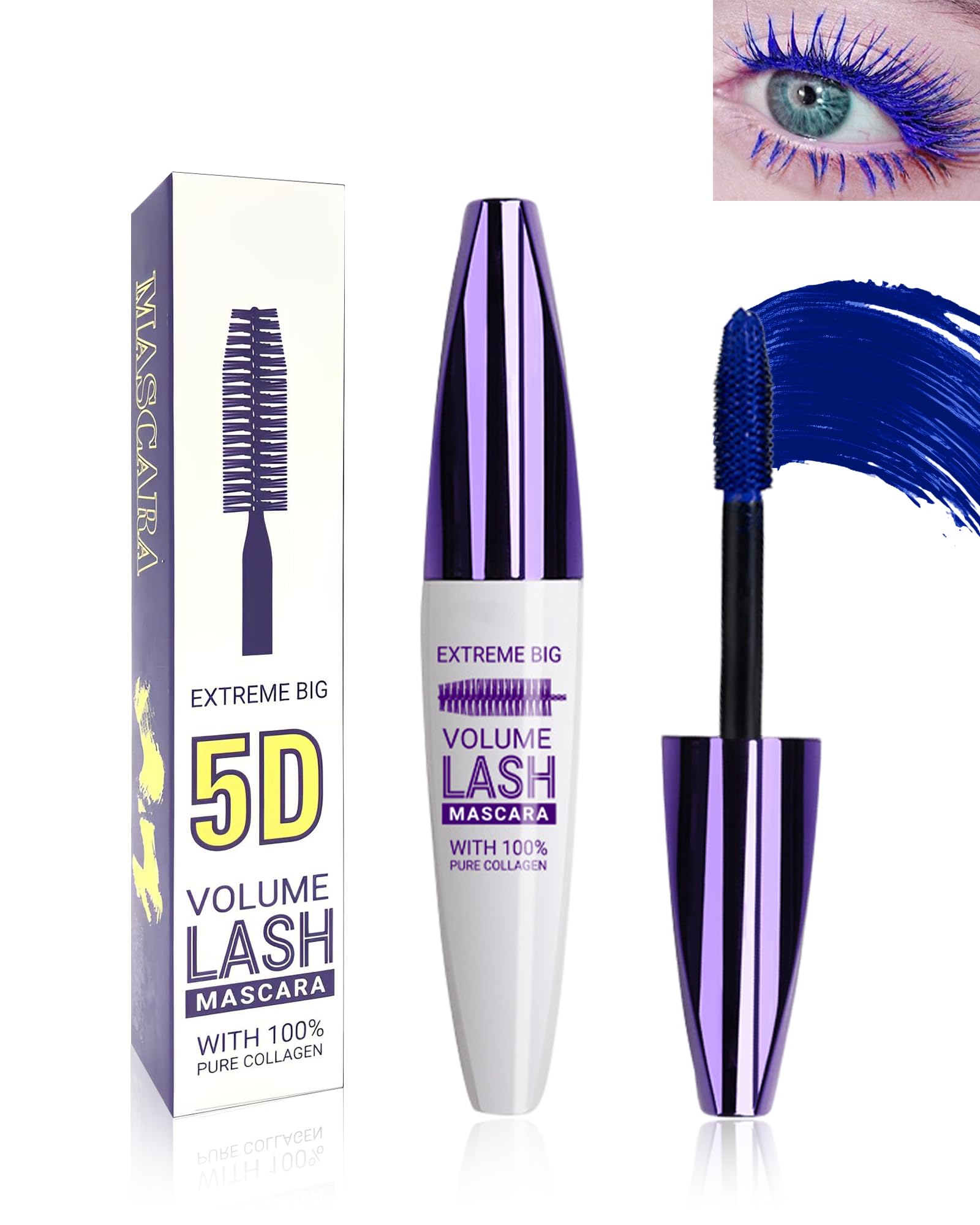 5D Waterproof Mascara Blue with Eyelash Brush,Long Lasting Smudge-proof Mascara for Eyelashes, Volumizing Lengthening Curling Eye Lashes,Telescopic Thick Mascaras,Cosplay Halloween Stage Eye Makeup — image 1