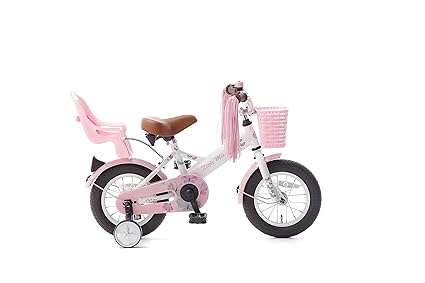 Kinderfahrrad Mädchen Popal Little Miss 12 Zoll mit Rücktrittbremse, Stützräder Korbe vorne, Puppensitz und Klingel Weiß 95% 