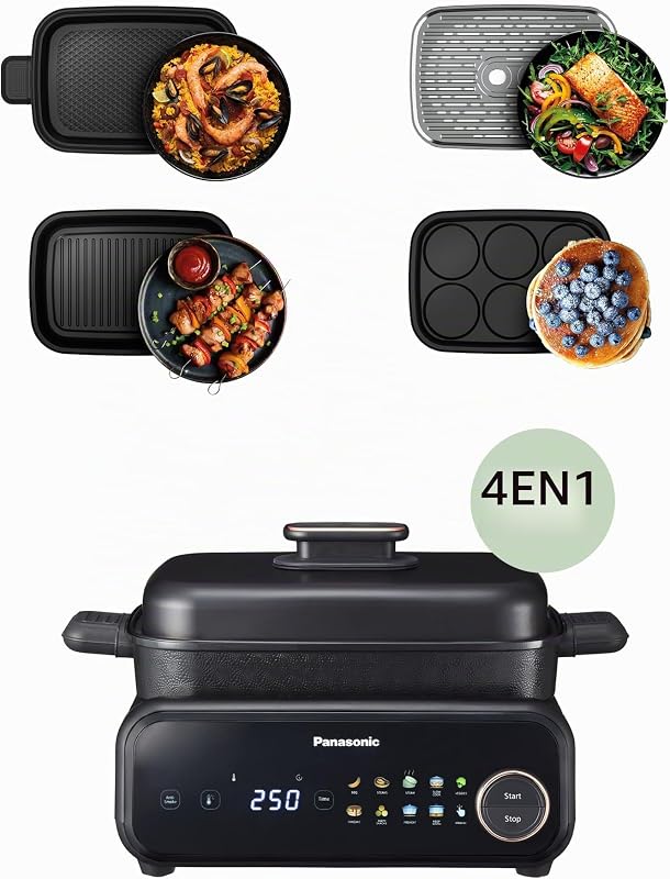 NF-GM400 Multi Cooker 4 em 1, grelhador elétrico, frita, cozinha lenta, churrasco, vapor, salteado, 1400 W, 40-250 °C, 9 modos automáticos, extrator de fumo, tabuleiros aptos para máquina de lavar loiça