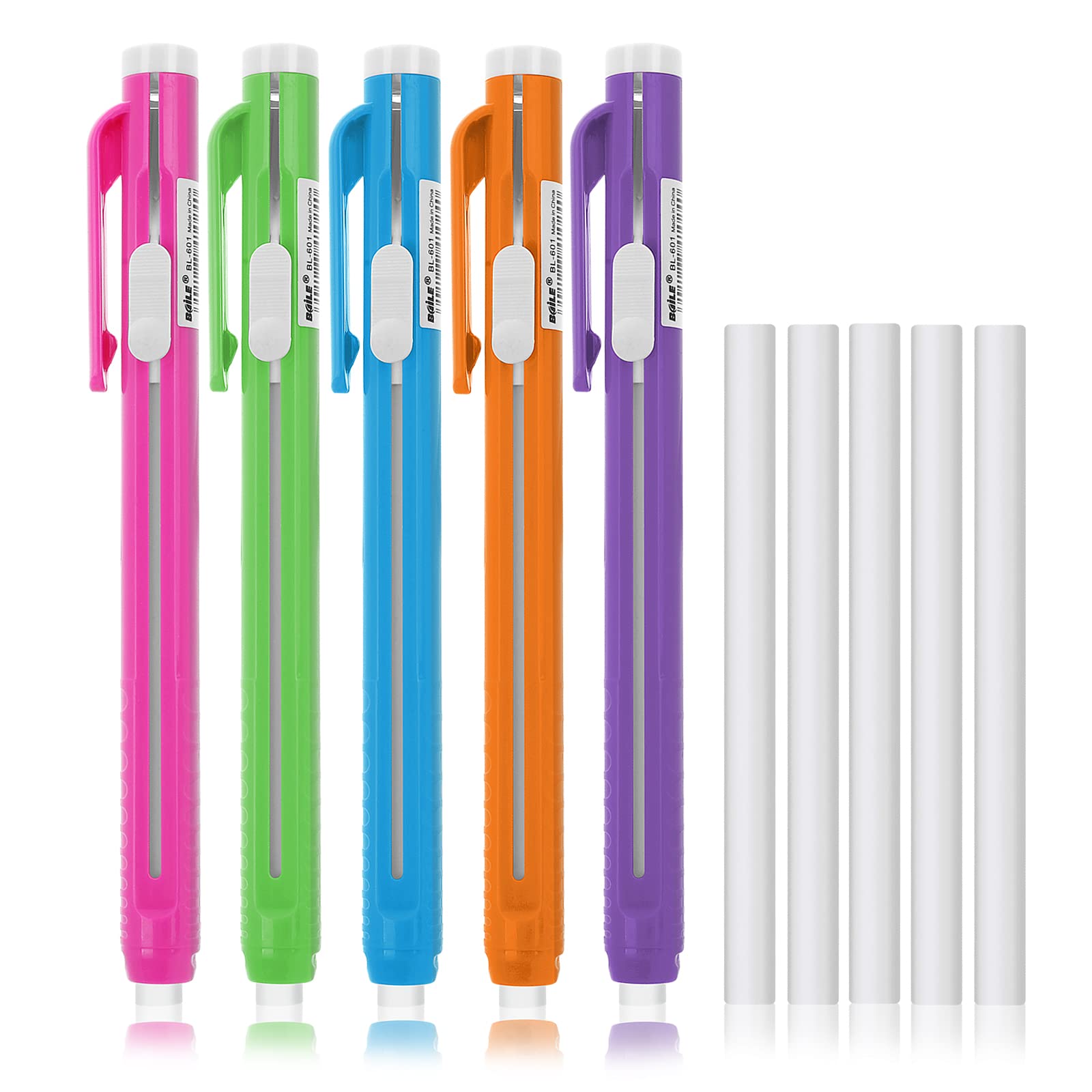 cobee Pen-Style Eraser Set, 5 Retractable Click Eraser Pen Shells with 5 Erasers, Mechanical Pencil, Bar Erasers for Teacher Artist Painting Writing Home Office Supplies