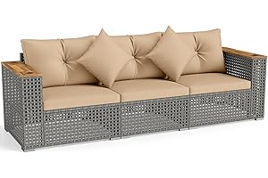 Tangkula 86.5" Large 3-Seat Patio Wicker Sofa, 3 Pieces PE Rattan Sectional Furniture Set with Cup Holder & Wood Armrest, Out