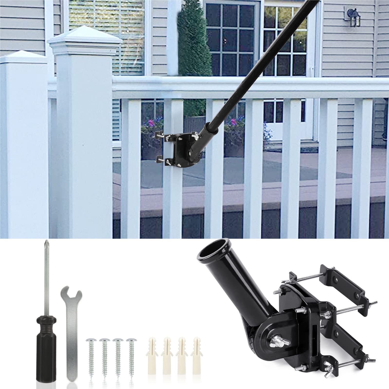 Photo 1 of KAEKAT Adjustable Flag Pole Bracket for Railings - Heavy Duty 1” Flagpole Holder for Porch, Fence, Balcony, Deck | 2 Installation Methods (Wall/Rail Mount) | Non-Slip Silicone Pads - Secure & Durable