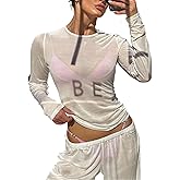 QJQ Women's Sheer Mesh Long Sleeve T Shirts Crewneck See Through Shirts Going Out Party Club Outfits