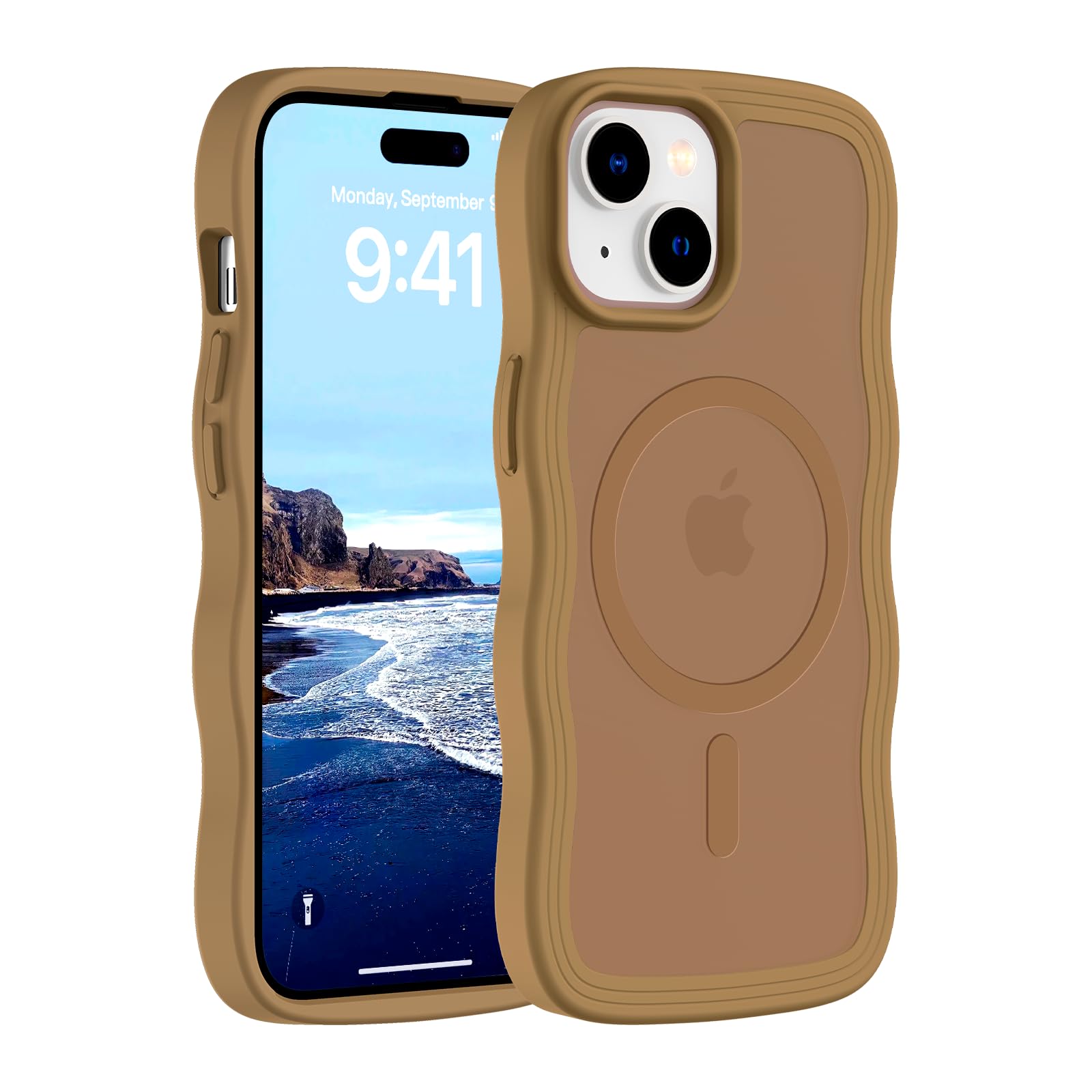 Hualele Magnetic for iPhone 15 Case, Compatible with MagSafe, Military Grade Dropproof Translucent Matte Back Cute Curly Wave Edge Slim Phone Case for iPhone 15, Brown