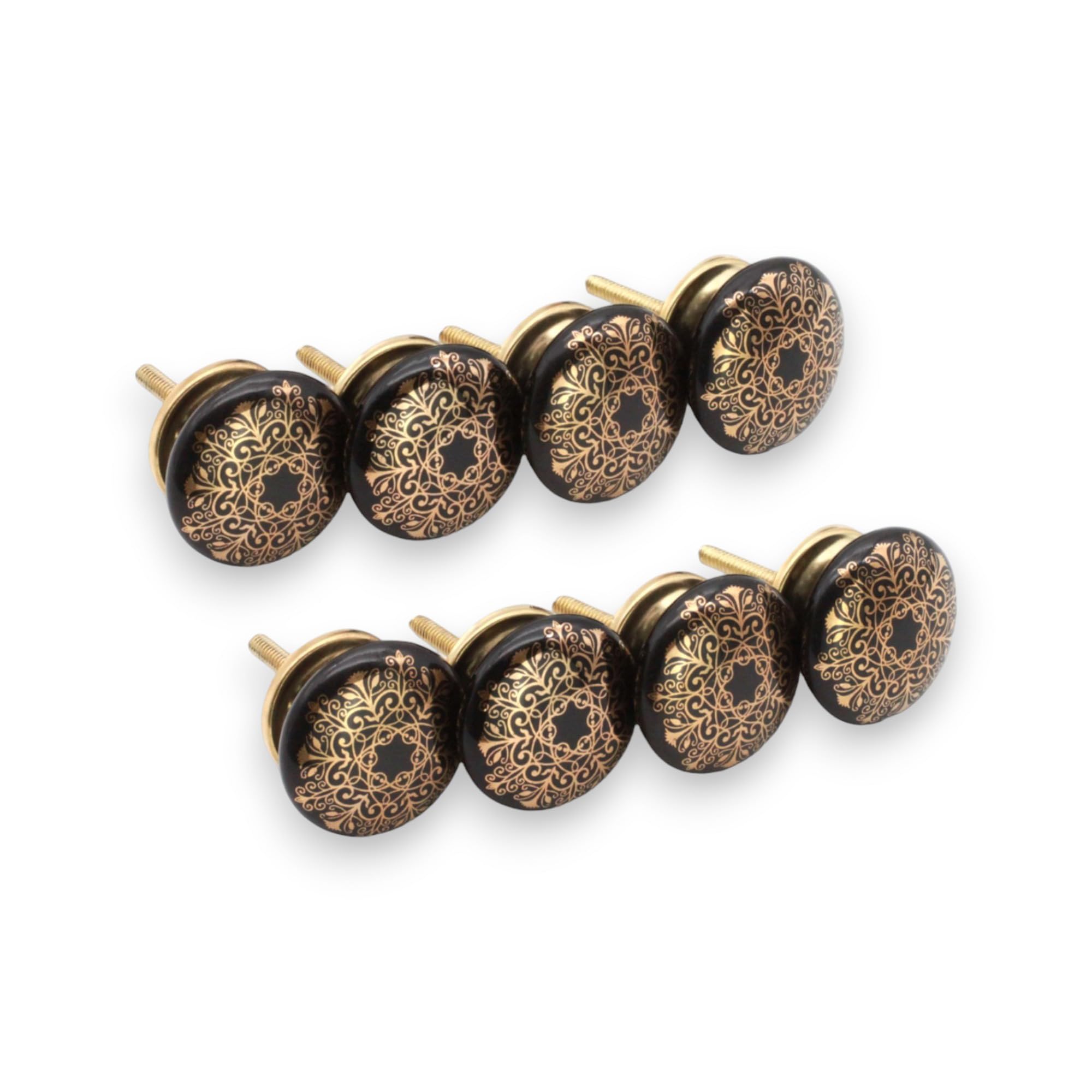 Infinity Decor Pack of 8 Emerald Black & Golden Floral Designed Ceramic Cupboard Knobs - 40mm Modern Pull Handles for Chest Drawers, Cabinet Door
