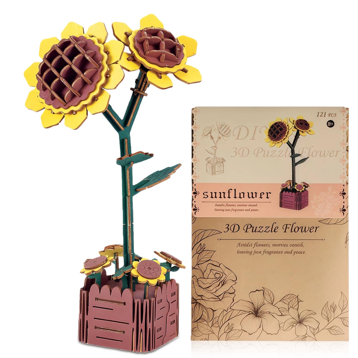 Eternal Flower Bouquet DIY Wooden Craft for Adults, 3D Puzzle Building Set, Unique Valentine's for Her (Sunflower)