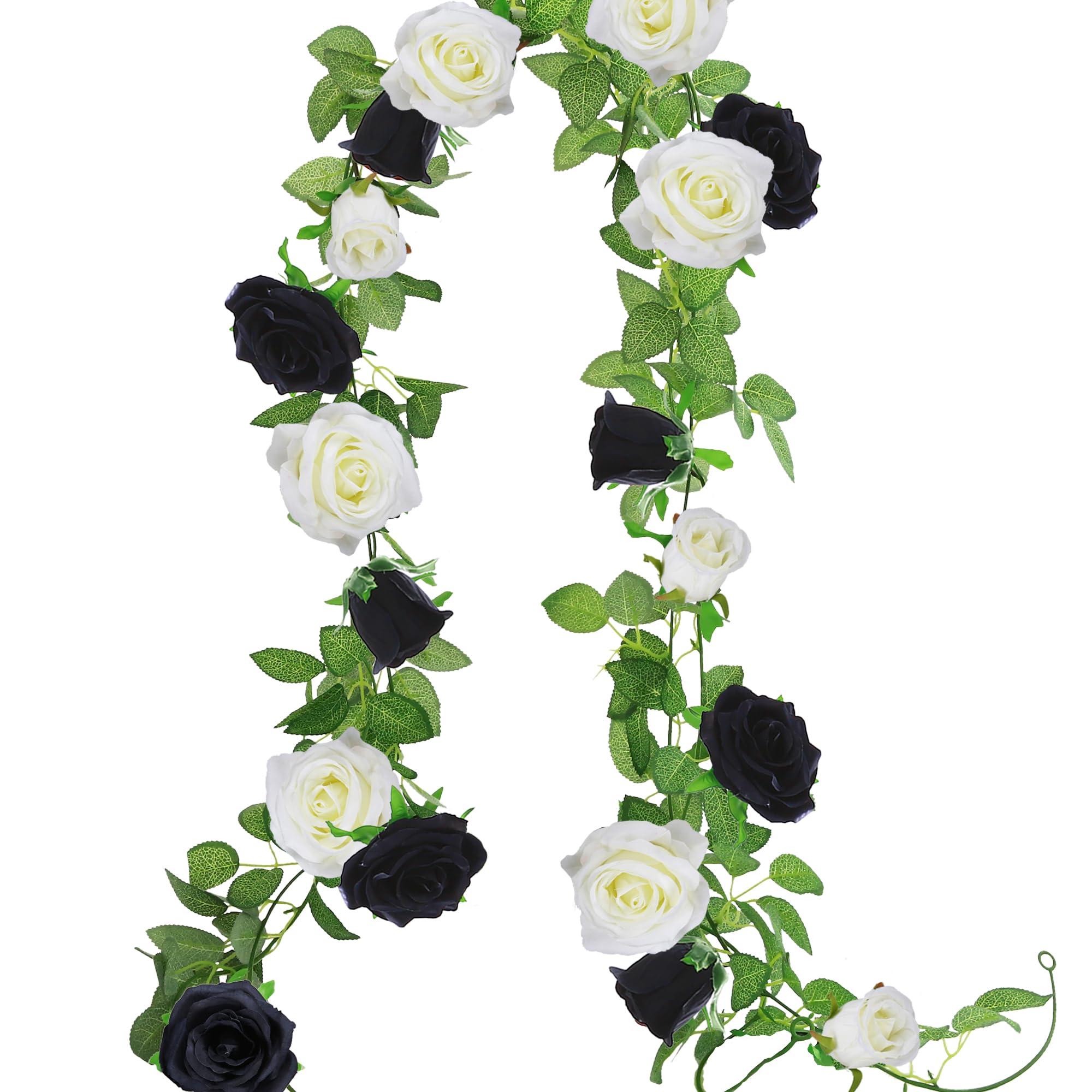 Photo 1 of Greentime 2pcs Artificial Flower Garland 13 FT Fake Rose Vine 9 Heads Rose Garland for Wedding Arch Table Centerpiece Arrangement Room Baby Shower Decor (Black and White)