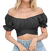 PUKAVT Women's Short Sleeve Crop Tops Summer Off Shoulder Blouses Ruffle Sexy Tie Back Top