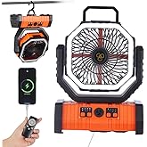 Rechargeable Fan,Operated Camping Battery Powered Fan with Hook&Bright LED Light,Remote Control Timer Auto Oscillation Cordless Outdoor for Power Outage,Picnic,Barbecue,Fishing,Travel,Jobsite,Home