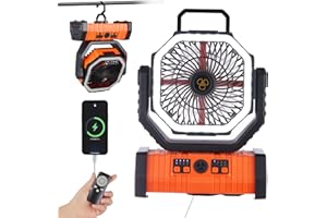 AISVELDY Rechargeable Fan,Operated Camping Battery Powered Fan with Hook&Bright LED Light,Remote Control Timer Auto Oscillation Cordless Outdoor for Power Outage,Picnic,Barbecue,Fishing,Travel,Jobsite,Home