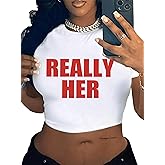 LovelyWholesale Women Graphic Crop Tops Letter Print Short Sleeve Tee Summer Sexy T Shirt