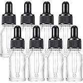 Kesell 8pcs Dropper Bottles Clear Glass Boston Round Bottle w/Black Glass Dropper for Essential Oils, Cosmetics, Perfumes, 1/