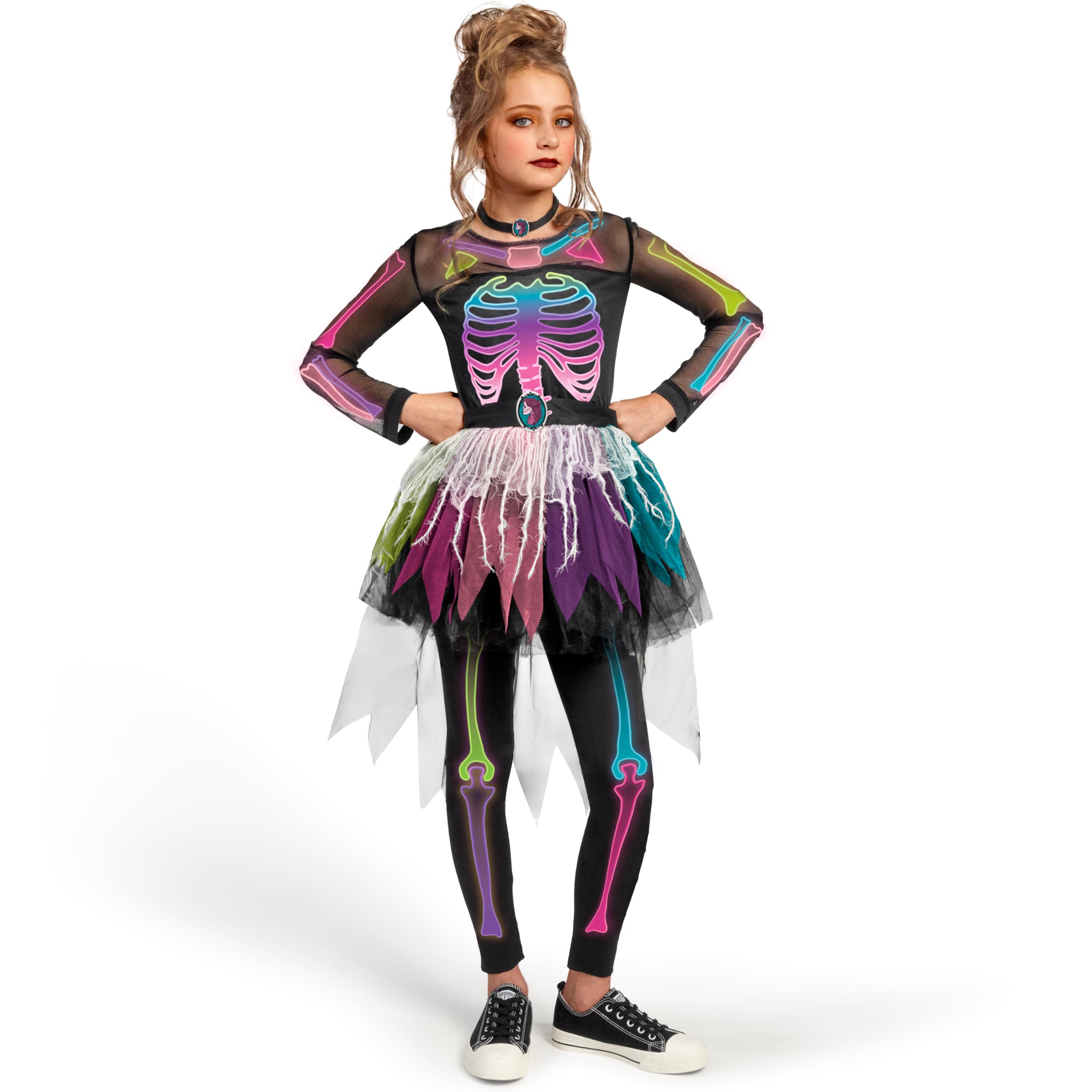 Spooktacular Creations Funky Skeleton Tutu Dress for Girls, Punky Bones Colorful Skeleton Costume for Halloween Dress Party-L