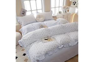 AMZTOP Chic Blue Ruffle Floral 100% Cotton Duvet Cover Queen Size Set, 3Pcs Teen Girls Flower Comforter Cover with Zipper Closure, Princess Bedding Sets 90"x90" No Comforter